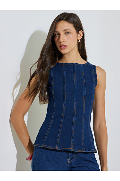 Styli Dark Blue Sleeveless Denim Peplum Top