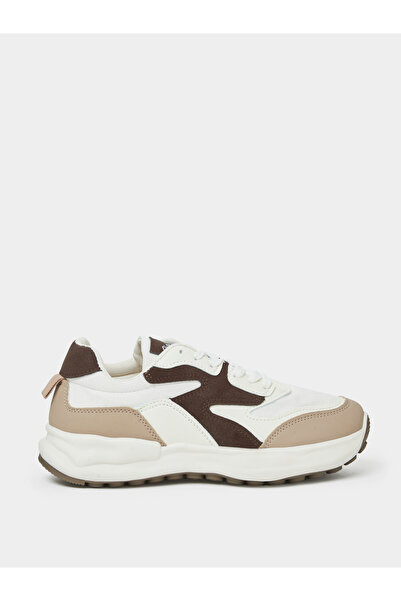 Styli Beige Contrast Panel Lace Up Sneakers