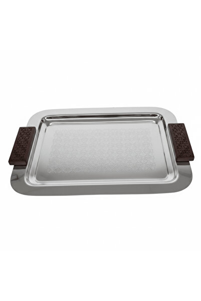 AKDC Luhpar Rectangle Stainless Steel Serving Tray with Wooden Handles - 38×2...