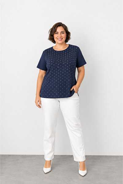 bihan store Women's Stone Detailed Short Sleeve T-Shirt - Shimmering Round Ne...