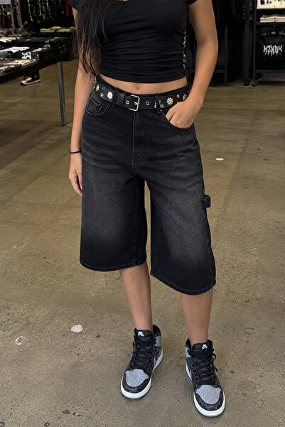 GRİİ WEAR شورت برمودا من الدنيم الفضفاض بطبعة عنكبوت أسود للجنسين