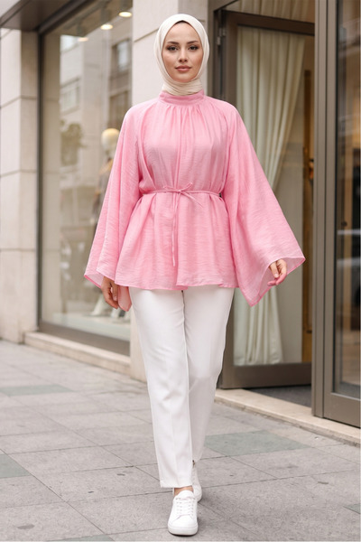 FERHEL Kadın Bağçıklı Astarlı İspanyol Kol Oversize Tunik - Pembe
