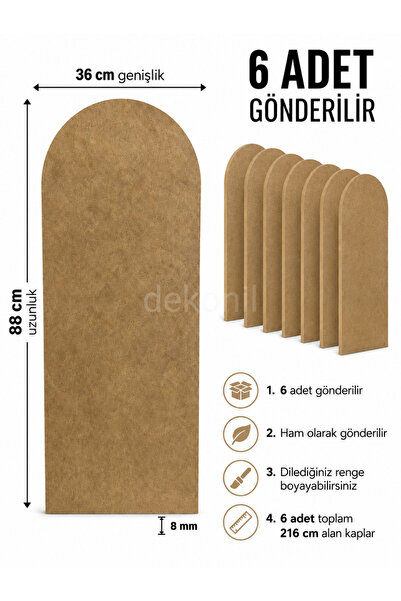 Dekonil Petra Pinterest MDF Yarım Kemer Duvar Paneli 36,5x88 cm – Boyanabilir Dekoratif Duvar Paneli 6'lı Set