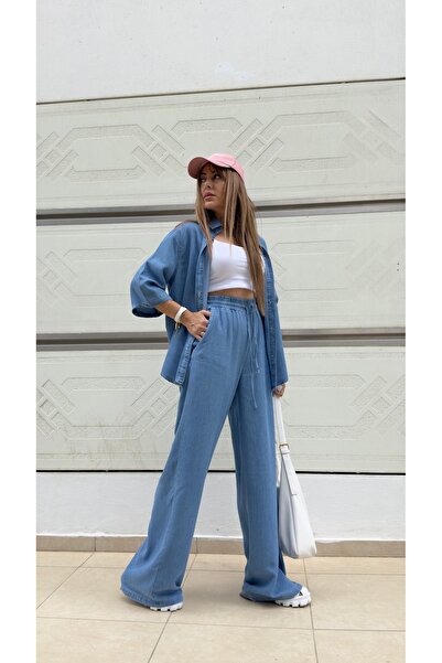 ModayButik Açık Mavi Tencel Gömlek Pantolon Takım