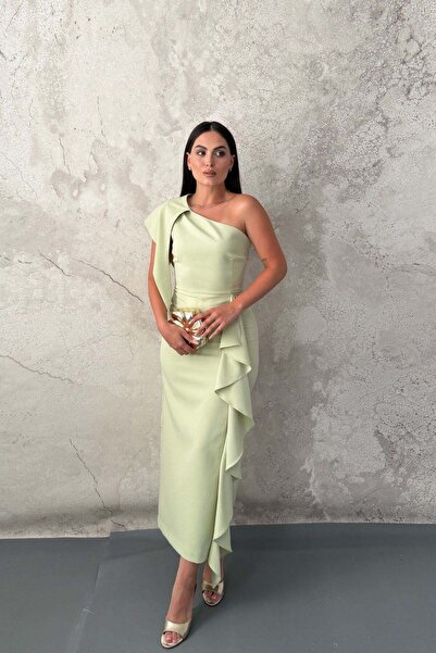 Elbee Fashion Woman فستان أخضر مزين بالفولان
