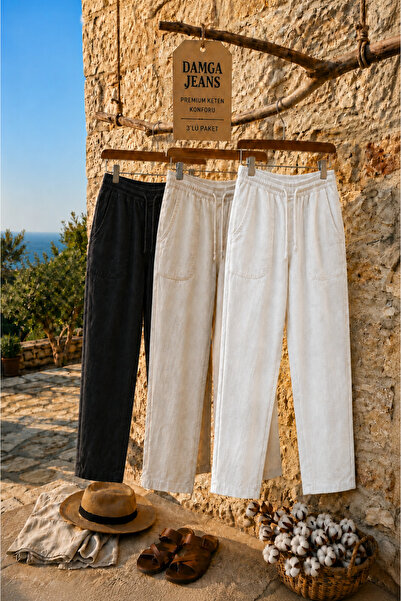 DAMGA JEANS 3 قطع من سراويل الجوجر الكتانية الصيفية المريحة للرجال
