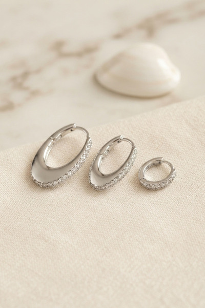 Lisinya Silver Color Oval Ring Model Zircon Stone 3-Piece Earring Set -