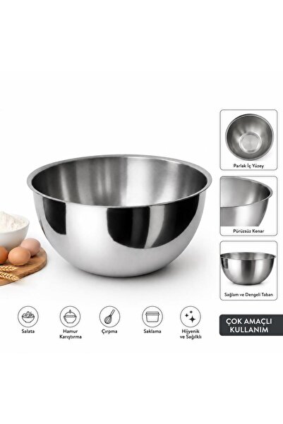 abnturk Paslanmaz Çelik 2,5 Litre Mutfak Karıştırma Kasesi-Hamur Salata Çırpm...