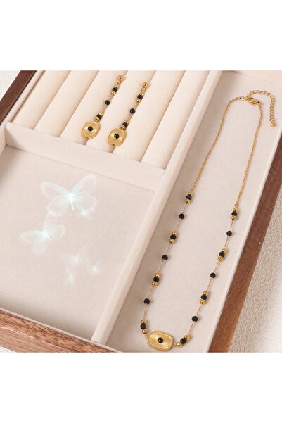 Noon Noora Black agate jewelry set (one agate stainless steel necklace and on...
