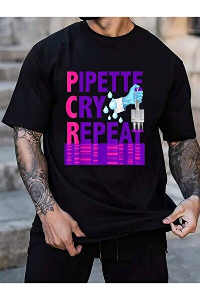 KYMC07 تي شيرت رجالي أسود للعطلات من القطن 100%، بتصميم PCR Pipette Cry Repea...