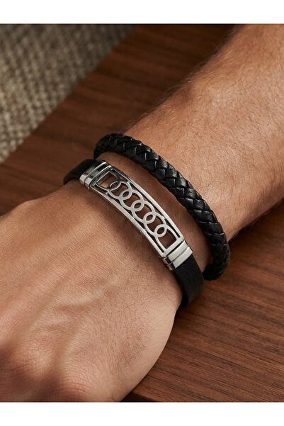 Feronnucci Unisex Combination Pu Leather Bracelet Black Steel Mesh Leather Br...