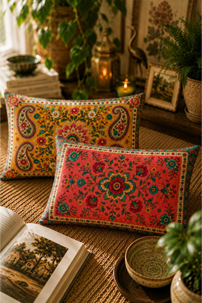 SasoHome Boho Floral Mandala Desenli 2'li Dekoratif Dikdörtgen Kırlent Kılıfı 35x55