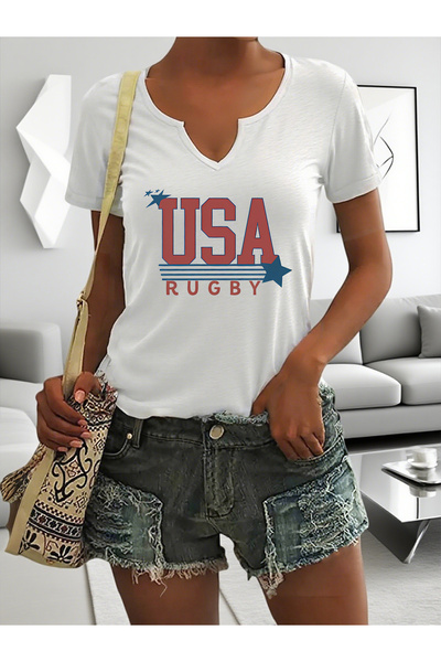Deocept Tricou confortabil pentru femei, cu imprimeu rugby SUA, cu mâneci pe ...