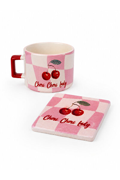 Junno Gift Cheri Cheri Lady Kiraz Desenli Seramik Kupa ve Taş Bardak Altlığı ...
