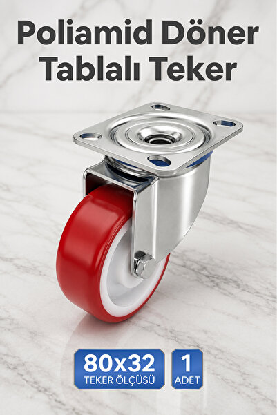 Badem10 Poliamid Döner Tablalı Teker 1 Adet 80x32 mm Kırmızı Sanayi Tipi Mobi...