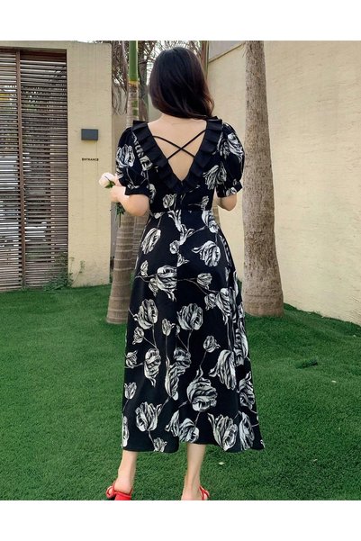NO BRAND Rochie midi neagră cu imperfecțiuni, imprimeu floral, volane, Shien 38