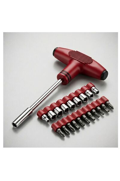 Generic Brand Set Scule 21 Piese | 9 Capete Tubulare si 11 Biti | Maner Magnetic in Forma de T | Rosu | Pentru Montaj si Reparatii