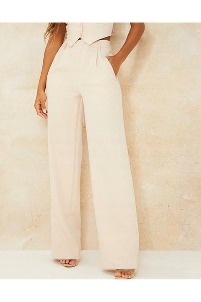 NO BRAND Pantaloni simpli bej din material cu talie înaltă Prettylittlething 40