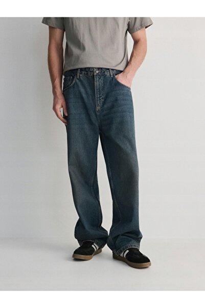 NO BRAND Pantaloni lungi albaștri, croială dreaptă, cu buzunare, 33