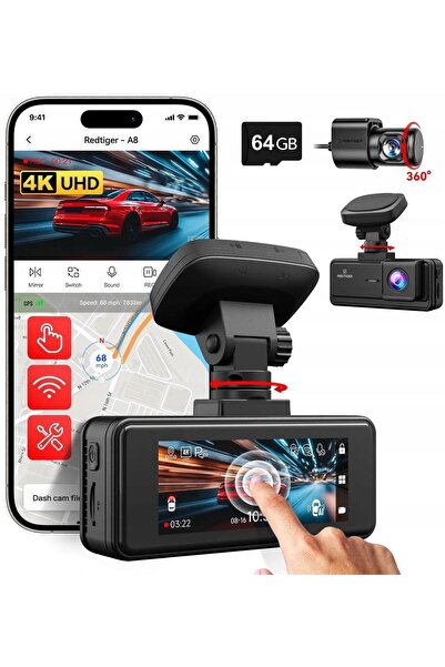 NO BRAND Cameră auto 4K Redtiger A8 față și spate, cu ecran tactil, Wi-Fi, ca...