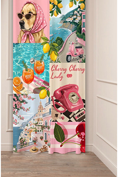GREENDECOR Cherry Lady Pembe Retro İllüstrasyonlu Estetik Genç Odası Perdesi ...