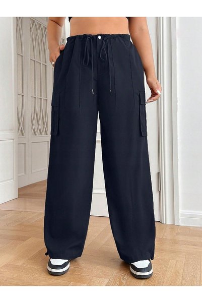 NO BRAND Pantaloni lungi bleumarin cu picior larg, tip Battle Pants, cu talie...