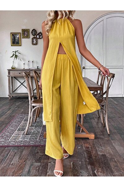 NO BRAND Set texturat, pantaloni galbeni, top larg fără mâneci, Shein 38