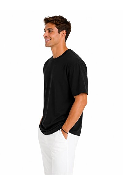 Vasto Moda Erkek Oversize Kalın Dokulu %100 Organik Pamuk Bisiklet Ribana Yakalı Siyah T-Shirt