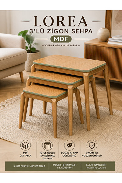 Concept Ayz Home Lorea Premium 3'lü Zigon Sehpa – MDF Üst Tabla, Modern Minim...
