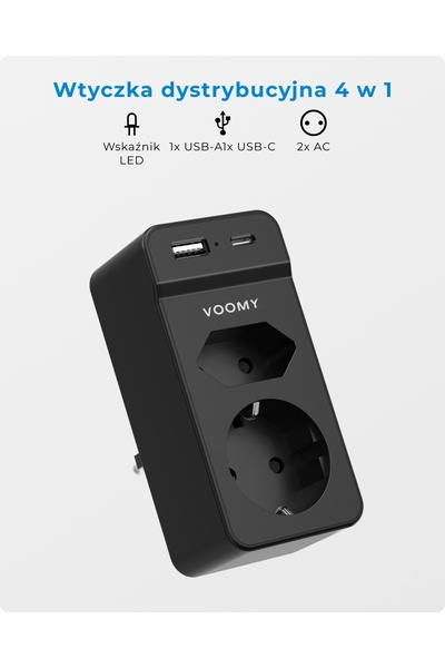 NO BRAND Prelungitor Voomy cu porturi USB-A și USB-C, Negru