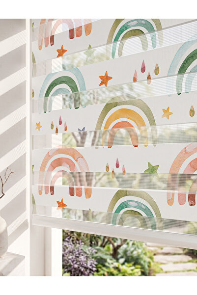 AD Home Boho Suluboya Gökkuşağı Dijital Baskılı Bebek Odası Zebra Perde