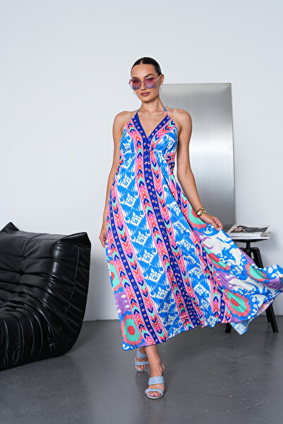 NAVY Long Oversized Dress with Halter Neck Detail and Backless Slit
