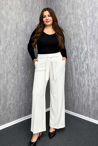 ModaPlaza Women's Plus Size Wide Leg Lycra Fabric Pants with Belted Waist 3333