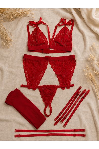 D'LİNGERİE Rouge Majeste Lace Garter Jartiyer Takım DM1240