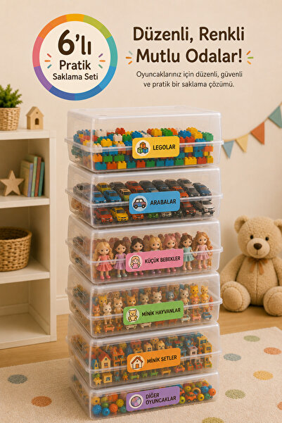 Mim Life 6’lı Oyuncak Saklama Kutusu Şeffaf Kapaklı Plastik Organizer 32x20x1...