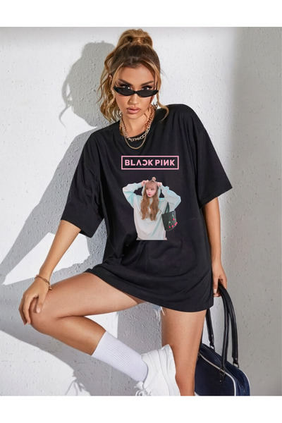 yombaa ΜΠΛΟΥΖΑΚΙ BLACK PINK DESIGN με στάμπα, υπερμεγέθη, από χτενισμένο βαμβάκι