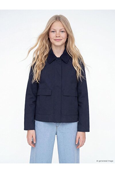 LC Waikiki LCW Kids Lacivert Fitilli Kadife Yaka Kız Çocuk Ceket