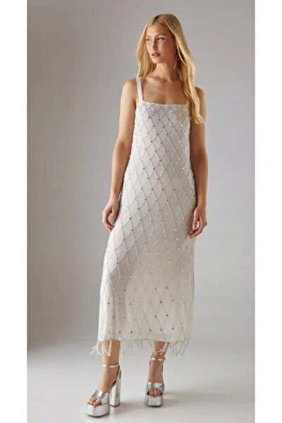 NO BRAND Rochie maxi ivoriu, cu umerii goi, cu mărgele, croială dreaptă, cu c...