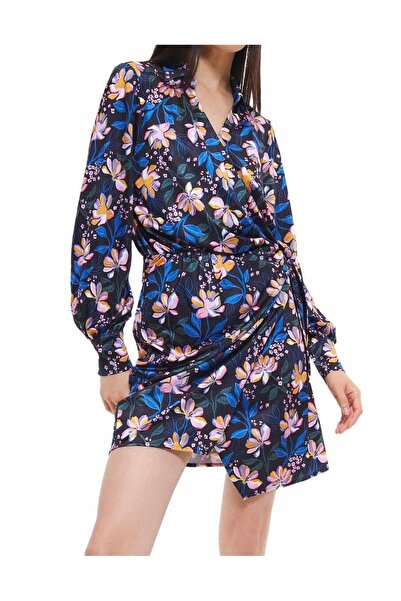 NO BRAND Rochie multicoloră cu model floral, mânecă lungă, cu cordon în talie...