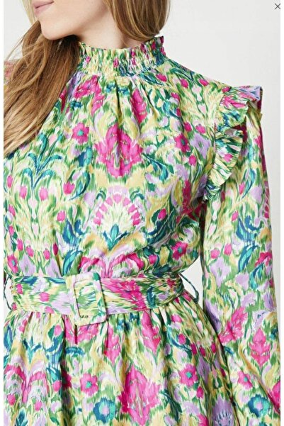 NO BRAND Rochie mini multicoloră cu imprimeu floral, guler înalt și volane, O...