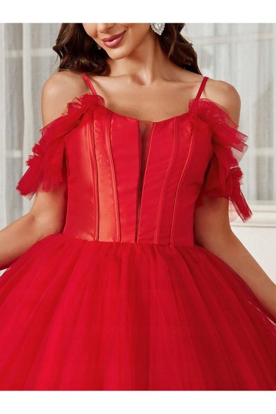 NO BRAND Rochie roșie evazată din tul, de cocktail, cu corset și șireturi, Sh...