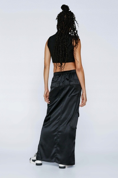 NO BRAND Fustă maxi din satin negru, croială dreaptă, cu buzunare, mărimea 38
