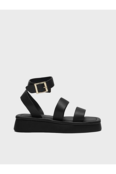 NO BRAND Sandale negre cu platformă, cu cataramă, din piele ecologică, cu bar...