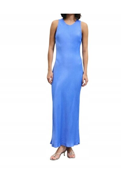 NO BRAND Rochie de cocktail maxi, dreaptă, din satin neted, albastră, mărimea...
