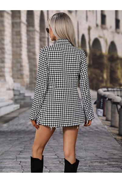 NO BRAND Clasic Simplu Guler tip inimă Model pepita Alb-negru Shein S