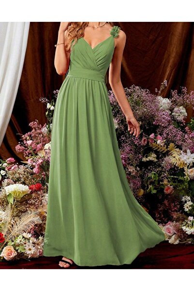 NO BRAND Rochie lungă verde florală, cu bretele decorate, decolteu în V, Mega...