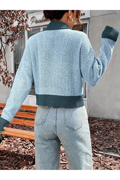 NO BRAND Pulover scurt albastru cu guler înalt, cu model melanj, tricotat, Sh...