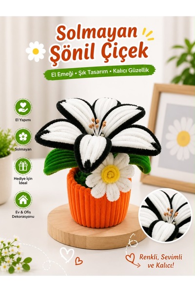 HAYHAYPETSHOP El Yapımı Solmayan Şönil Çiçek Saksısı | Dekoratif Kırmızı Beya...