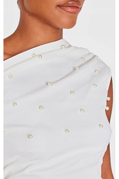 NO BRAND Rochie mini albă cu mărgele asimetrice, clasică, Prettylittlething 34