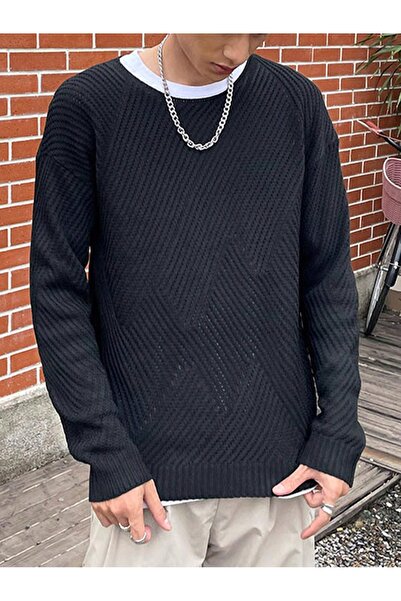 NO BRAND Pulover negru simplu, cu mâneci lungi, guler rotund, model tricotat,...